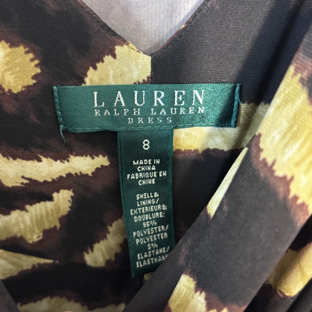 Lauren Ralph Lauren Zebra Faux Wrap Ruched Dress Women Size 8 Brown Gold Safari - Picture 3 of 8